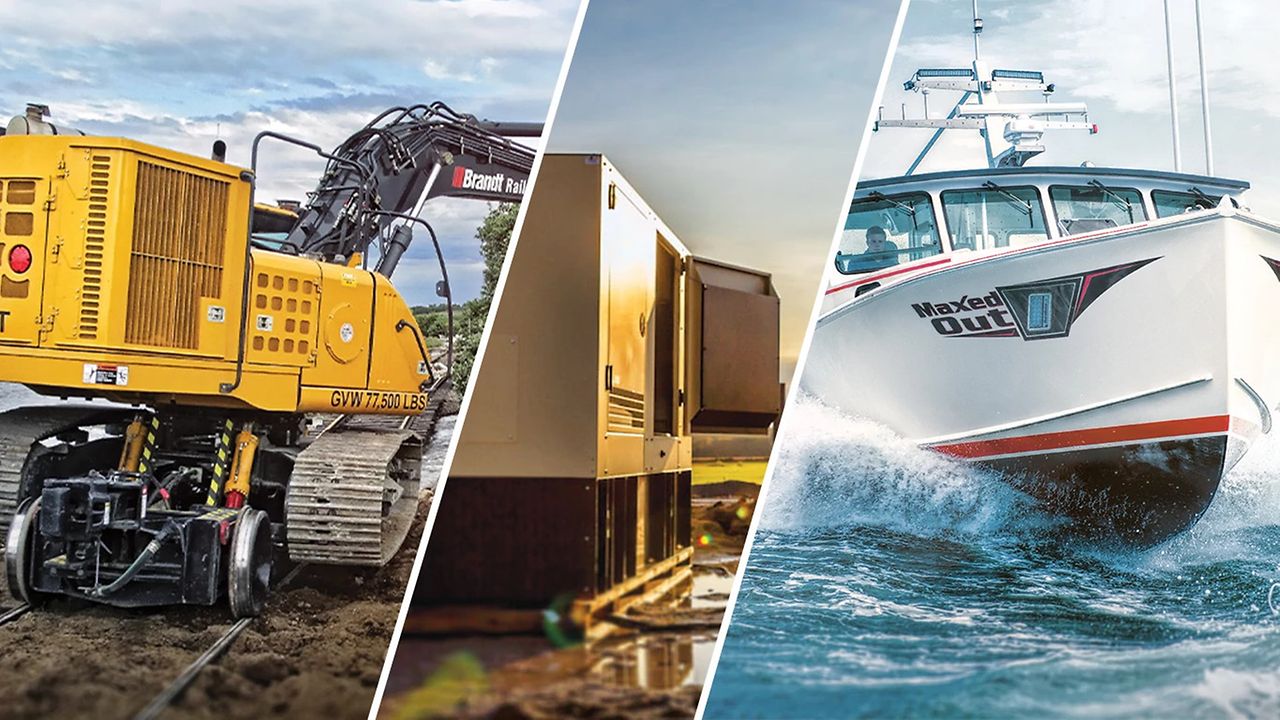 Drie panelen: geel bouwvoertuig, industriële generator, en witte boot op water.