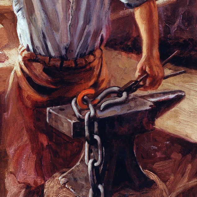 Schilderij van John Deere aan het werk in zijn smidse door Walter Haskell Hinton