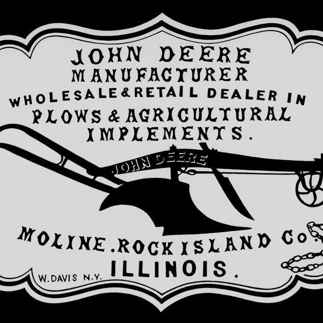 Een historische advertentie van een dealer van 1855 "John Deere Manufacturer, wholesale & retail dealer in plows & agricultural implements. Moline, Rock Island Co. Illinois"