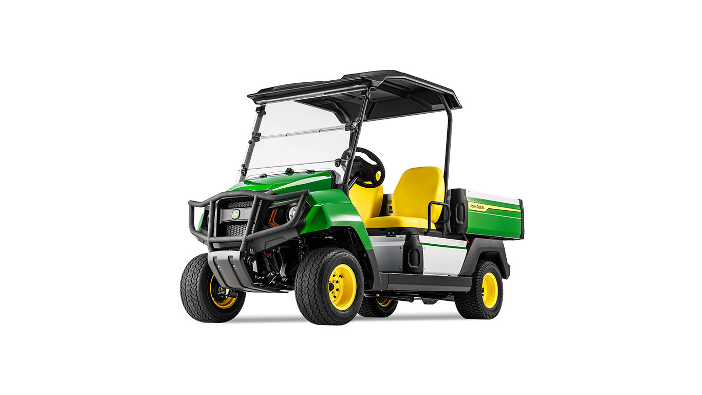 Vooraanzicht van een John Deere Gator GS elektrisch model, met opvallende grille, koplampen en gele stoelen.