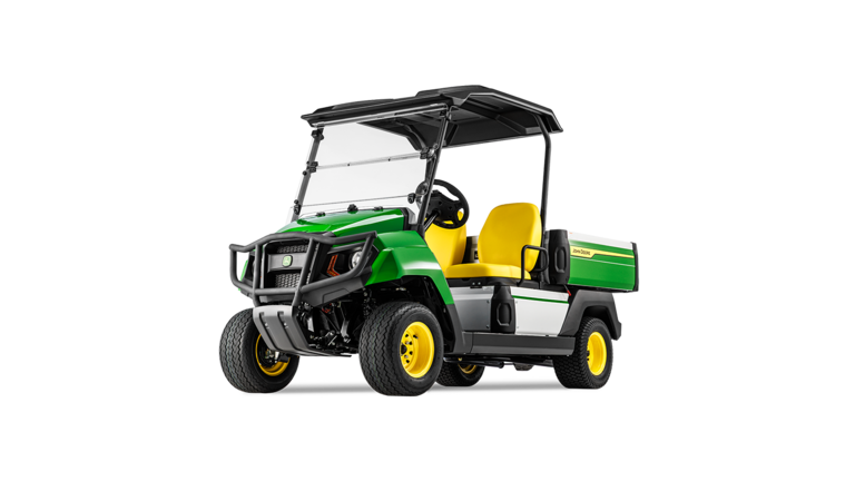 Vooraanzicht van een John Deere Gator GS elektrisch model, met opvallende grille, koplampen en gele stoelen.