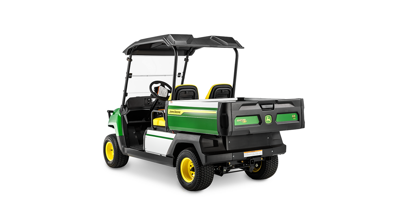 Achteraanzicht van een John Deere Gator GS-benzinemodel, met laadbak, twee stoelen en beschermend dak.