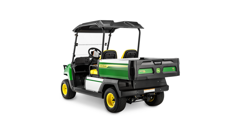 Achteraanzicht van een John Deere Gator GS-benzinemodel, met laadbak, twee stoelen en beschermend dak.