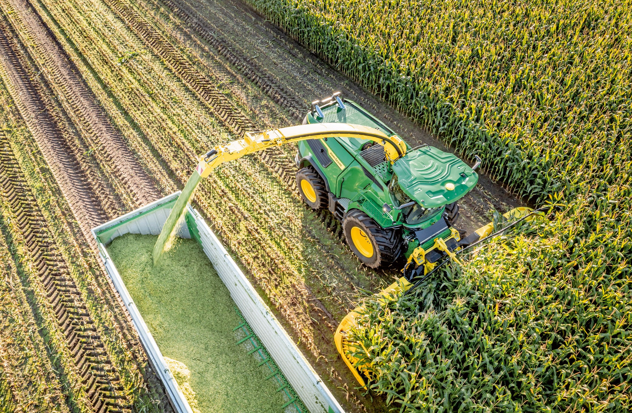 Luchtfoto van een groene veldhakselaar van John Deere die mais oogst en gehakseld kuilvoer transporteert naar een aanhangwagen in een groot maisveld.