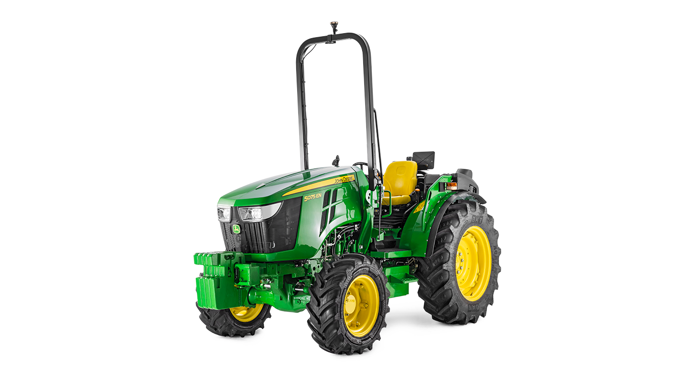John Deere 5075EN tractor in groen en geel, vooraanzicht met compact ontwerp en robuuste banden.