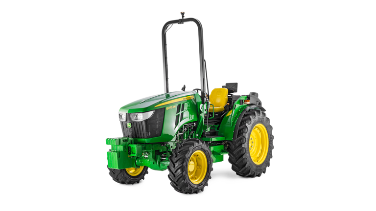 John Deere 5075EN tractor in groen en geel, vooraanzicht met compact ontwerp en robuuste banden.